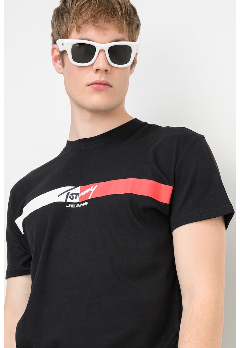 Tricou cu decolteu la baza gatului si imprimeu logo - Rosu/Alb/Negru