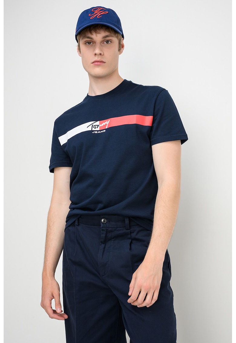 Tricou cu decolteu la baza gatului si imprimeu logo - Rosu/Alb/Bleumarin