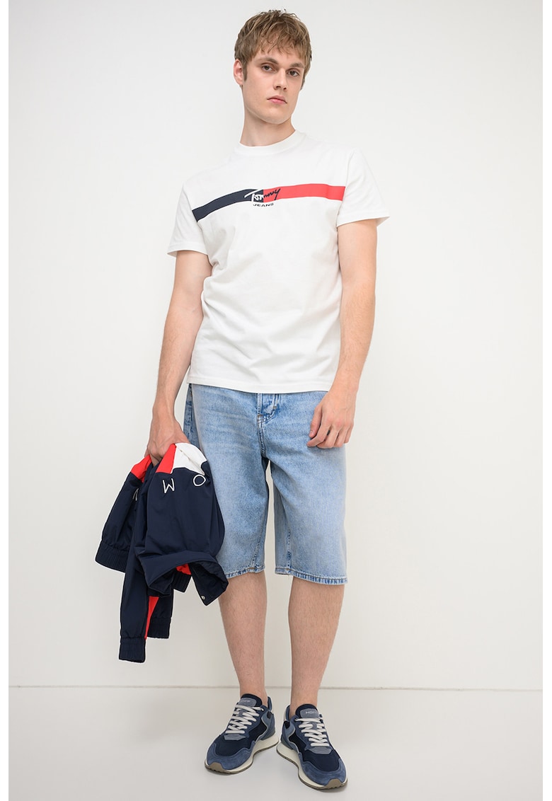 Tricou cu decolteu la baza gatului si imprimeu logo - Rosu/Alb/Albastru ultramarin