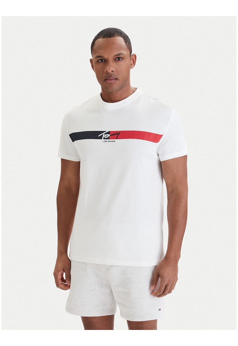 Tricou cu decolteu la baza gatului si imprimeu logo - Rosu/Alb/Albastru ultramarin