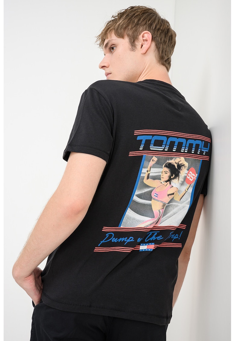 Tricou cu decolteu la baza gatului si imprimeu - Alb/Negru/Albastru