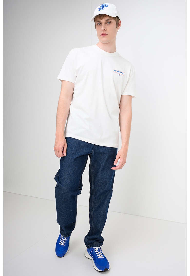 Tricou cu decolteu la baza gatului si imprimeu - Alb/Portocaliu mandarina/Albastru