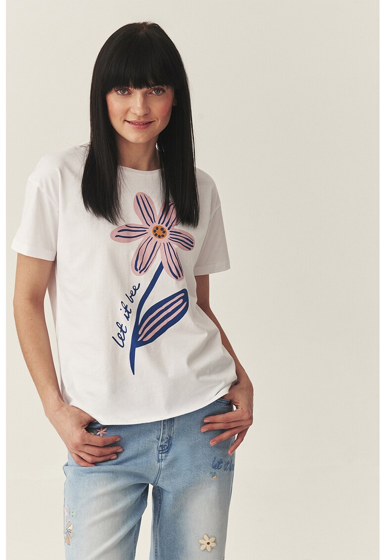 Tricou de bumbac cu imprimeu floral si text - Alb/Albastru inchis/Roz deschis