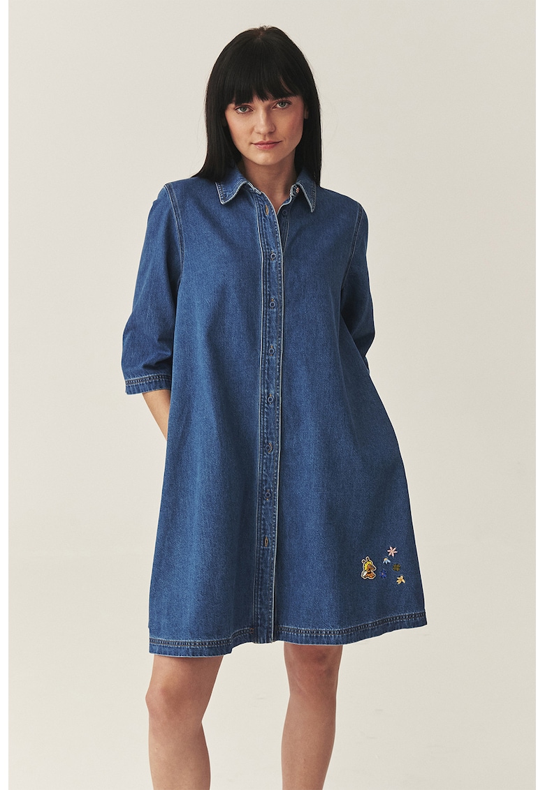 Rochie-camasa din denim cu broderii florale - Albastru oceanic