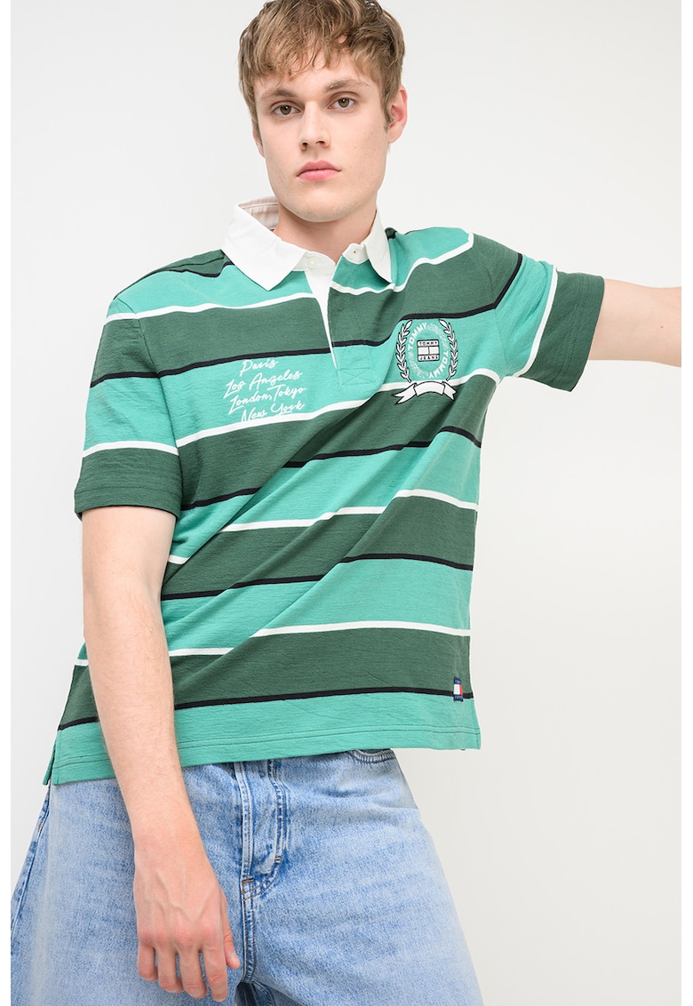Tricou polo cu dungi si logo - Alb/Verde/Negru