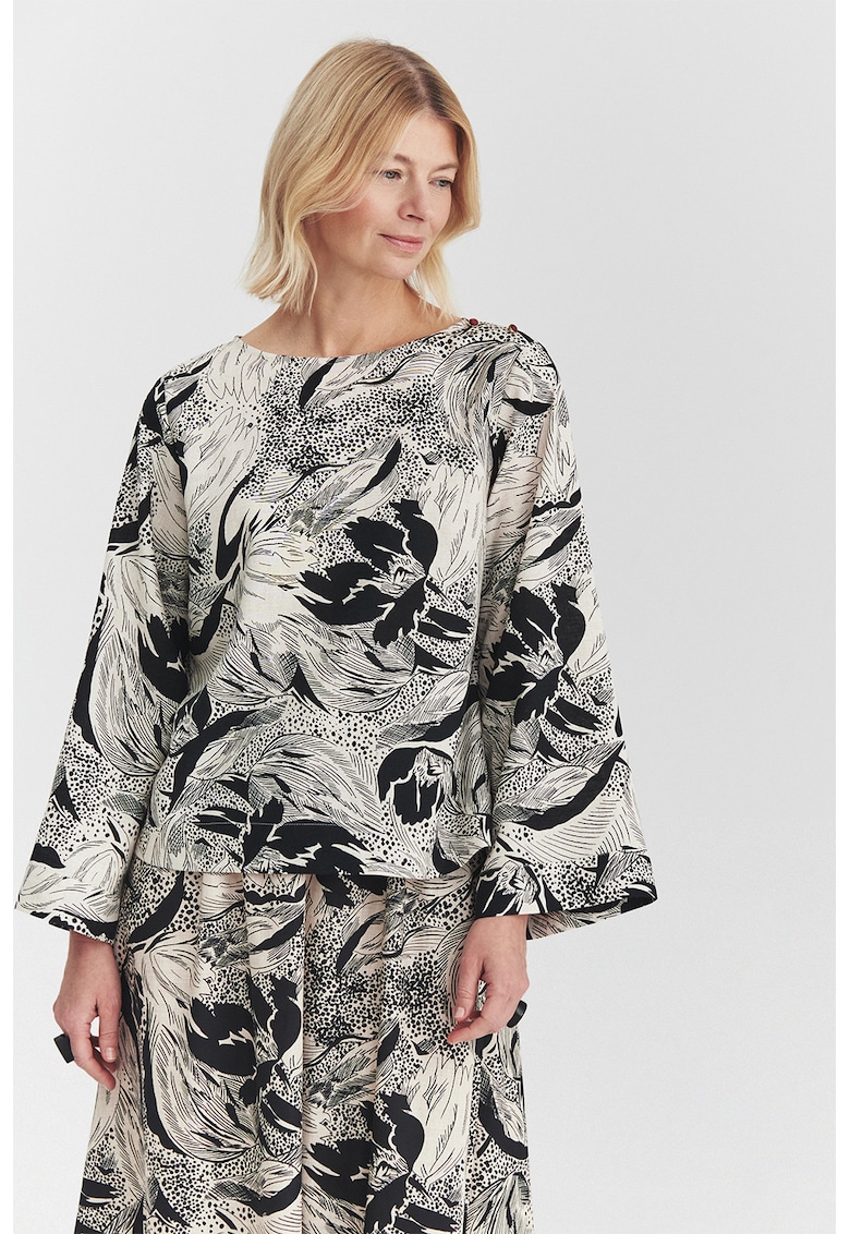 Bluza cu model floral si maneci tip clopot - Negru/Alb murdar