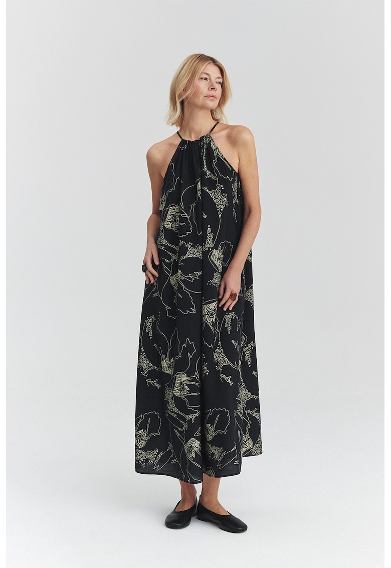 Rochie maxi lejera cu model brodat - Negru/Bej deschis