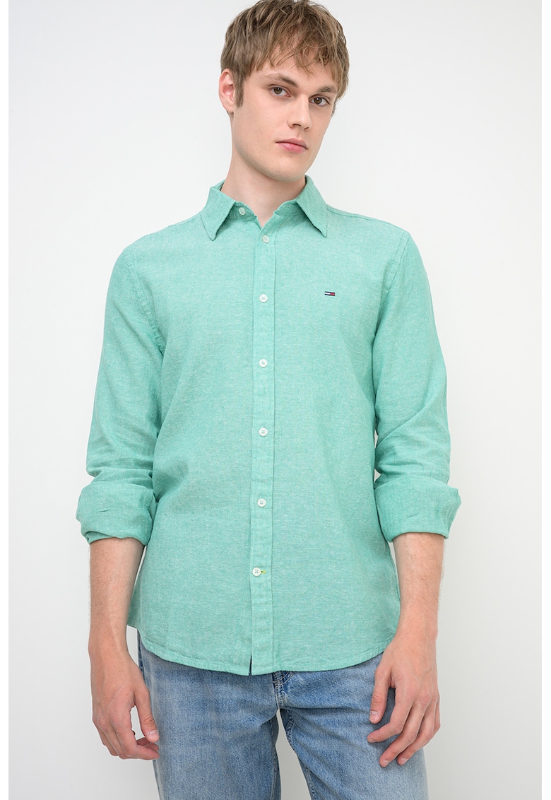 Camasa regular-fit din in si bumbac - Verde melange