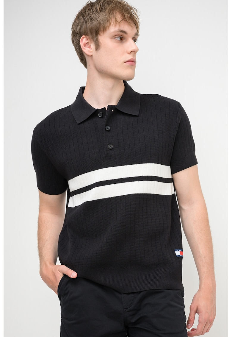 Tricou polo din tricot cu striatii si dungi - Alb/Negru