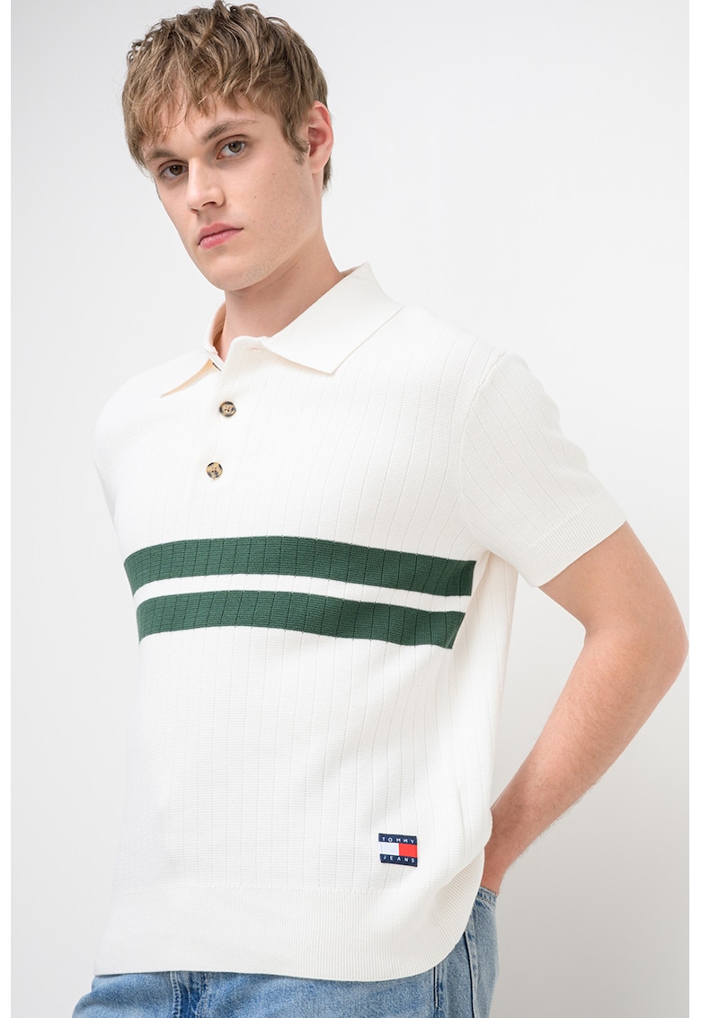 Tricou polo din tricot cu striatii si dungi - Alb/Verde englez