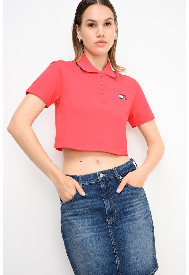 Tricou crop polo Badge - Coral