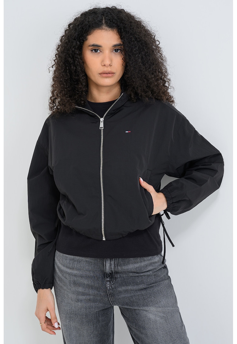 Jacheta crop din nailon cu fronseu - Negru