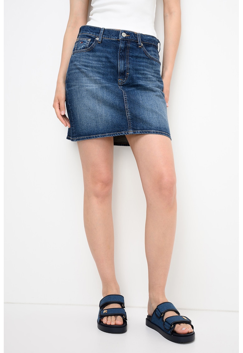 Fusta mom-fit din denim cu talie inalta - Albastru inchis