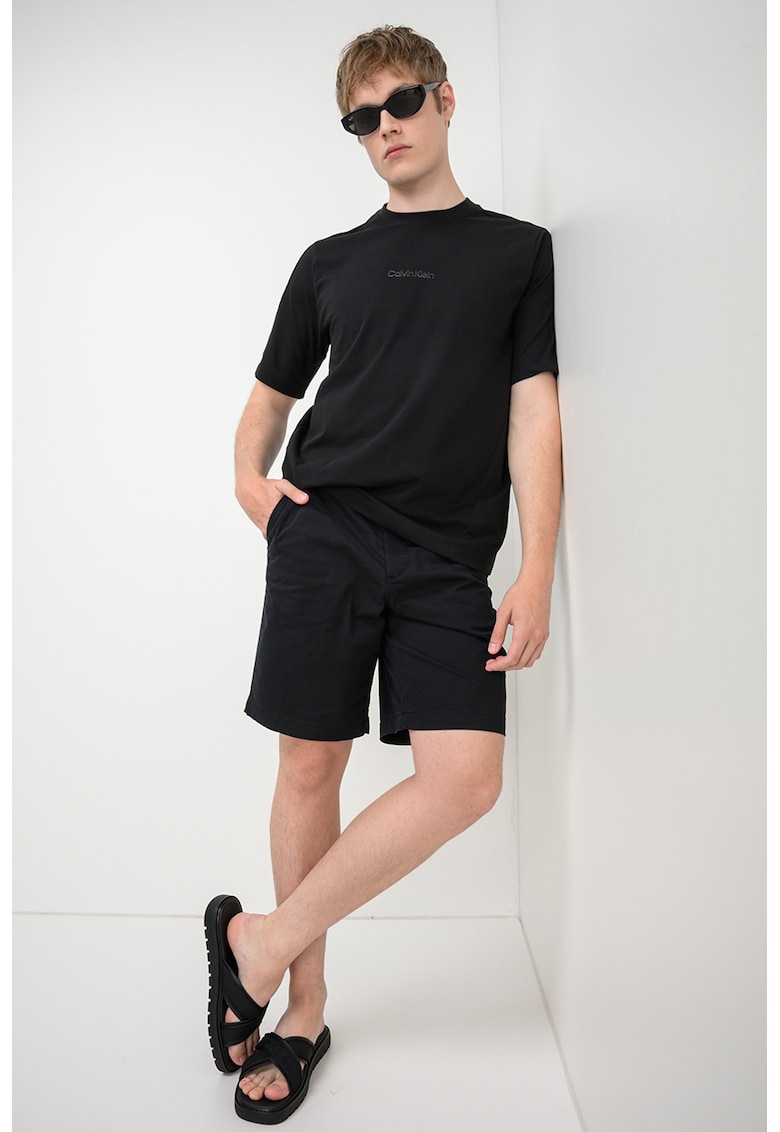Tricou din amestec de bumbac cu decolteu la baza gatului - Negru