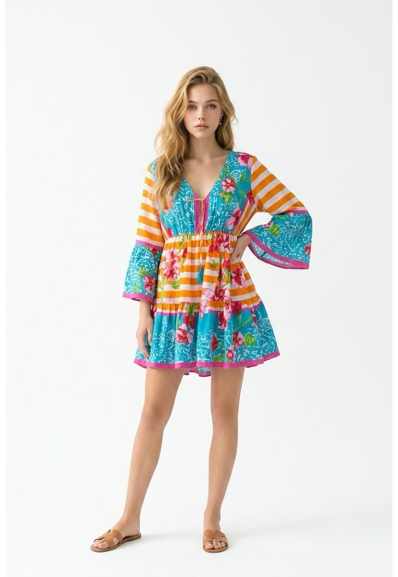 Rochie scurta de vara din bumbac cu imprimeu multicolor Positano Amalfi