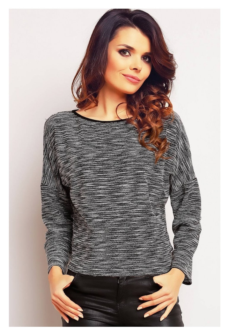 Pulover Crop Top Elegant De Dama - Ecru Cu Negru - Design Modern Cu Legatura La Spate - Material Premium Din Poliester Si Elastan - Maneci Lungi Tip Kimono - Decolteu In Stil Barcuta - Tinuta Casual Chic Foarte Versatila - Lux - Ecru