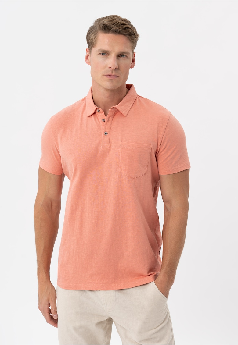 Tricou polo barbati din bumbac - cu buzunar pe piept - uni - Regular Fit - o-Chili - piersica - Piersica