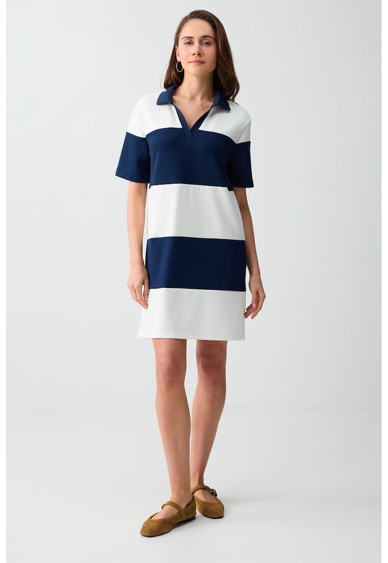 Rochie din amestec de modal cu dungi - Alb optic/Bleumarin