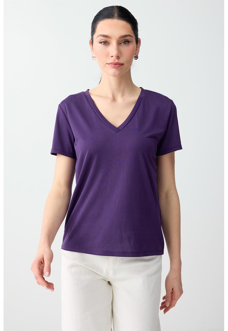 Tricou din amestec de modal cu decolteu in V - Lila