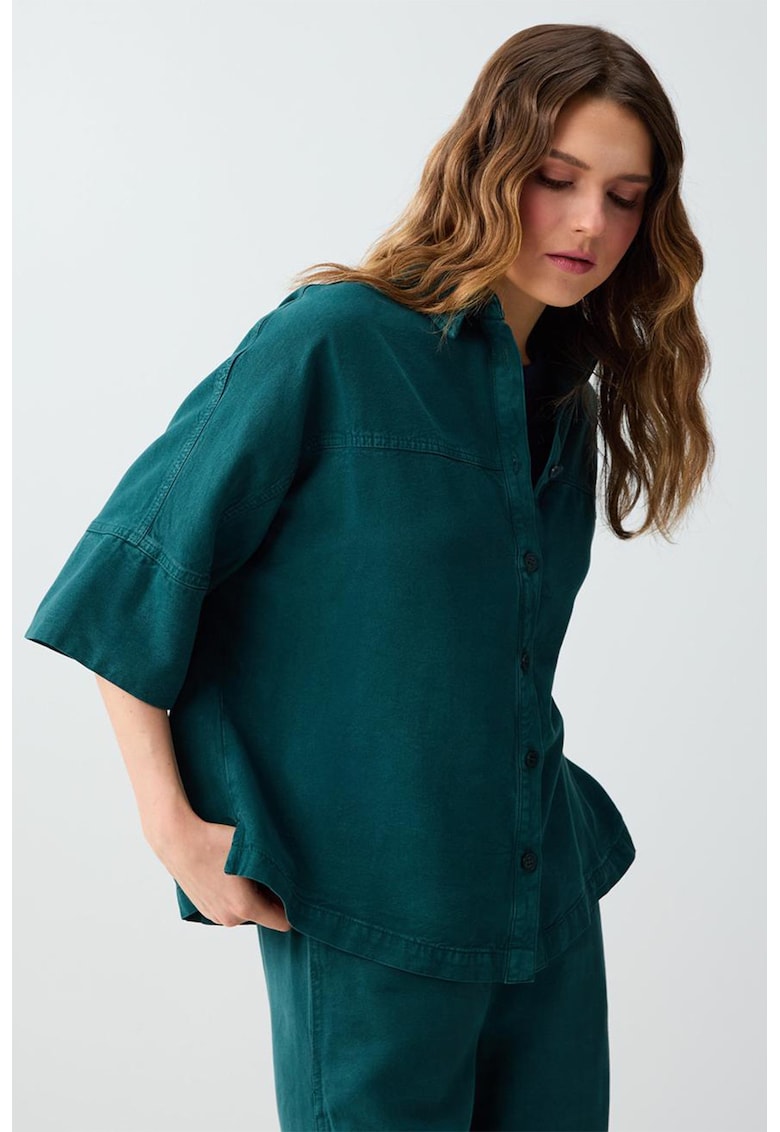 Camasa din tencel cu maneci medii - Verde englez