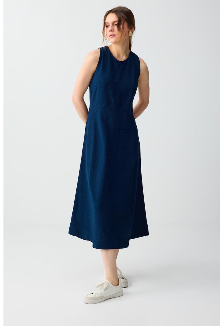 Rochie midi din amestec de in fara maneci - Bleumarin