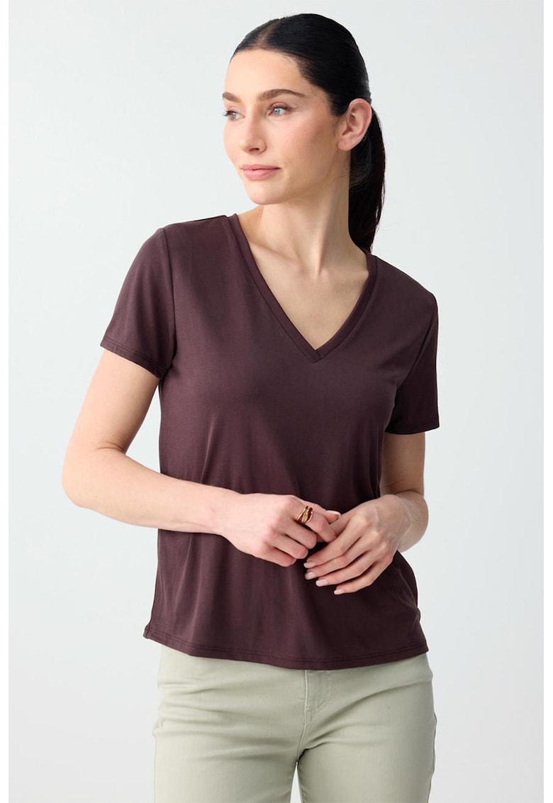 Tricou din amestec de modal cu decolteu in V - Maro pamantiu