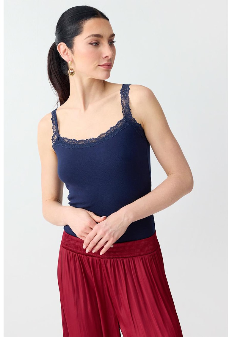 Top din amestec de modal cu garnituri de dantela - Bleumarin
