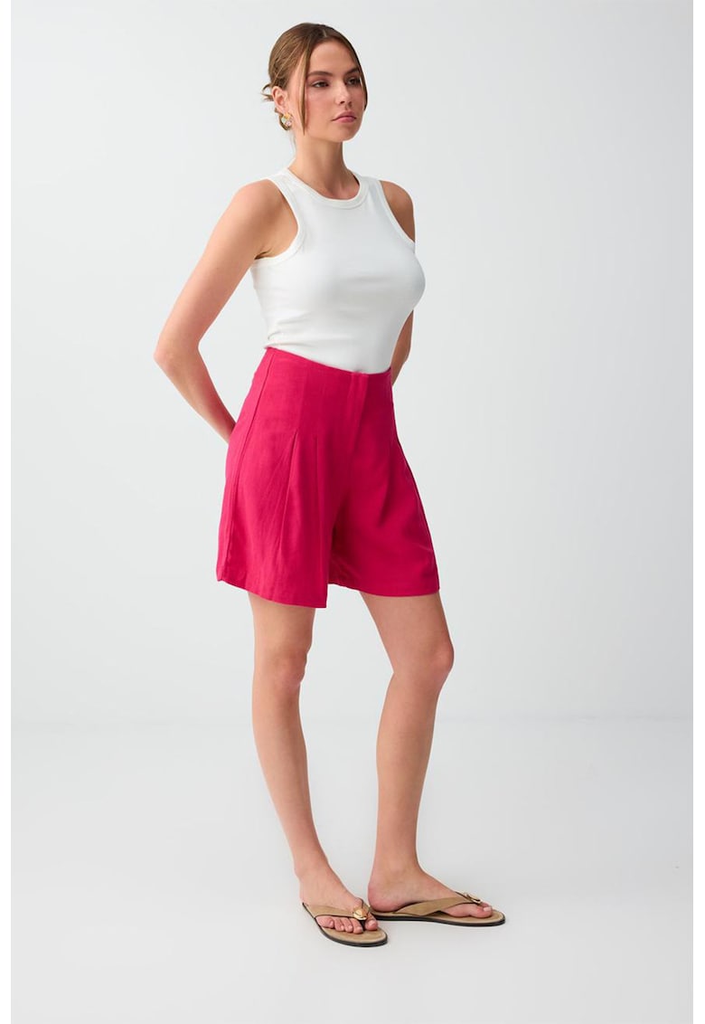 Pantaloni scurti din amestec de in cu pliuri - Roz aprins