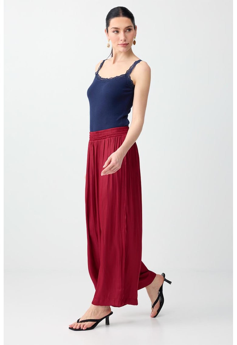 Pantaloni de satin cu croiala ampla si talie inalta - Rosu