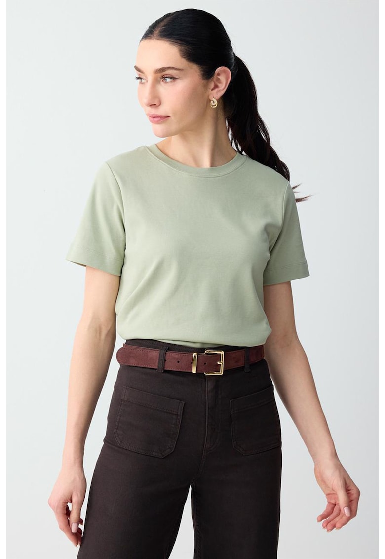 Tricou din bumbac cu decolteu la baza gatului - Verde pal