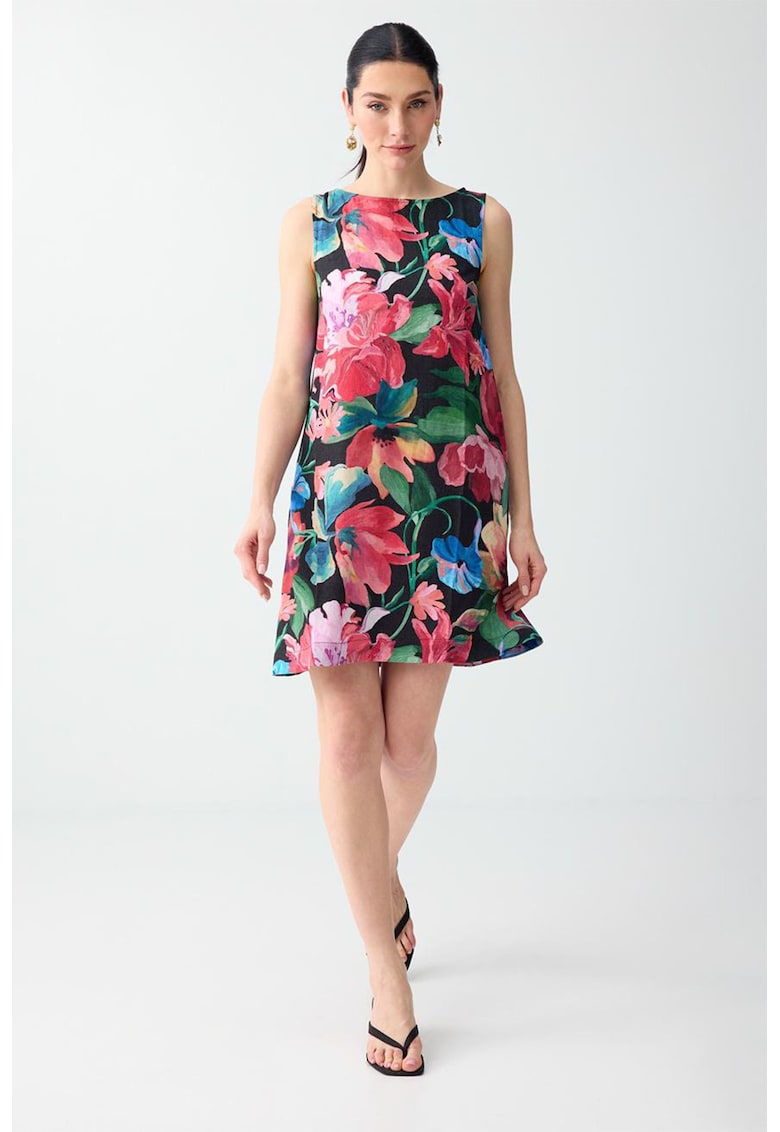Rochie dreapta cu model floral si decolteu barcuta - Multicolor