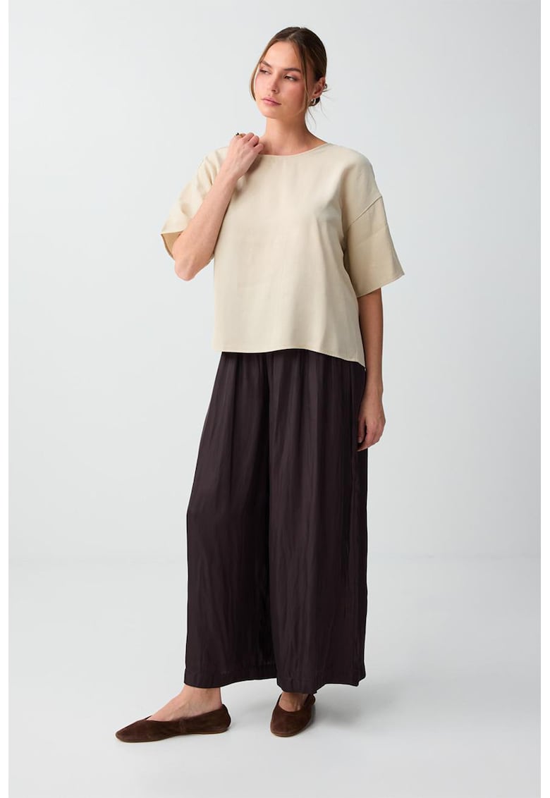 Pantaloni de satin cu croiala ampla si talie inalta - Maro pamantiu
