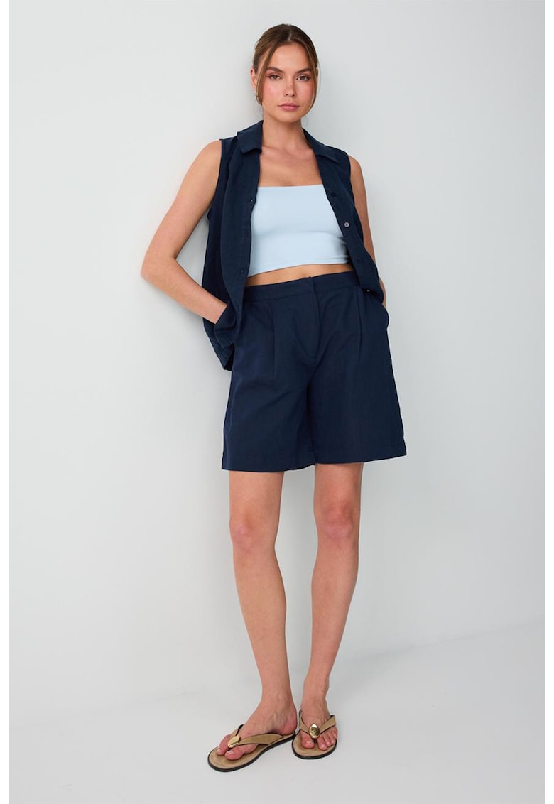 Pantaloni scurti din amestec de in cu buzunare - Bleumarin