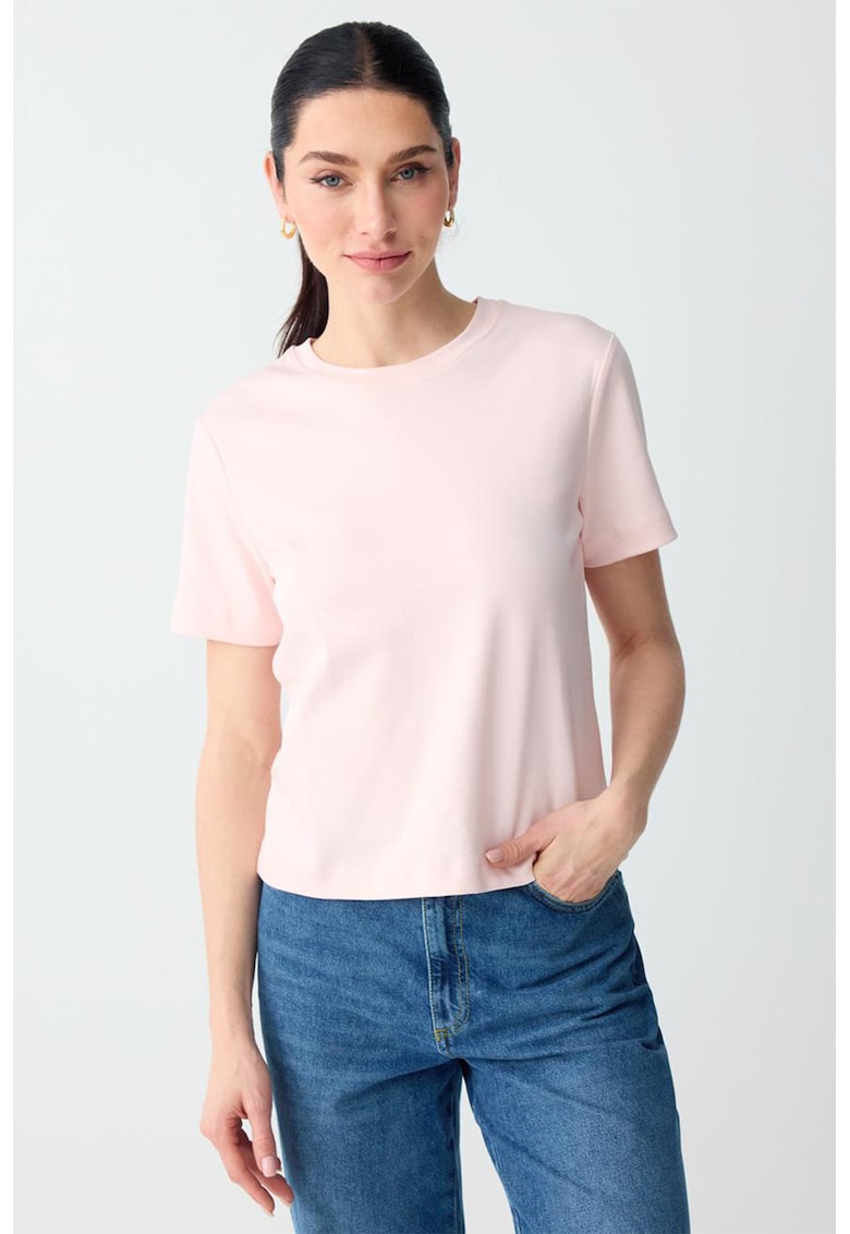 Tricou din bumbac cu decolteu la baza gatului - Roz pastel