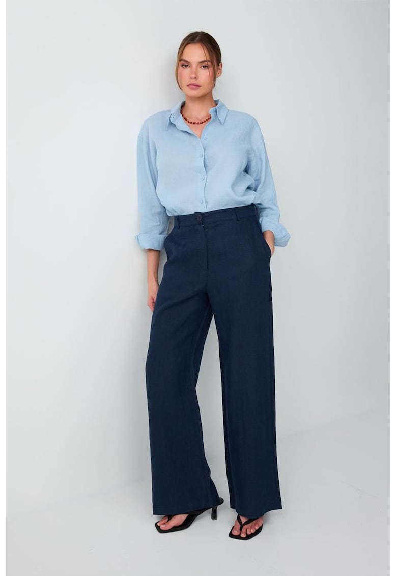 Pantaloni drepti de in cu buzunare - Albastru inchis