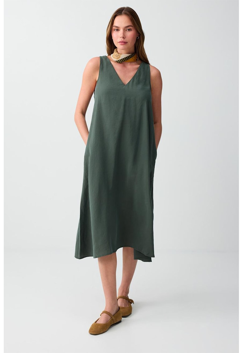 Rochie cu decolteu in V si buzunare - Verde englez