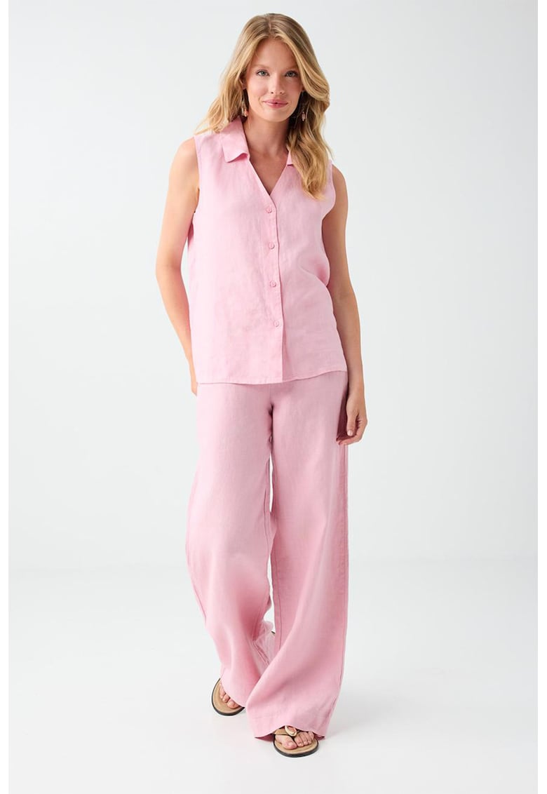 Pantaloni din in cu croiala ampla - Roz pastel