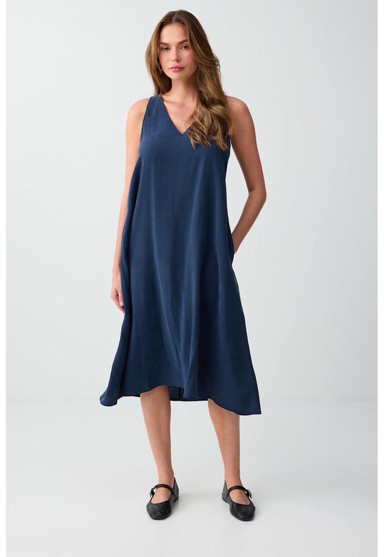 Rochie cu decolteu in V si buzunare - Bleumarin