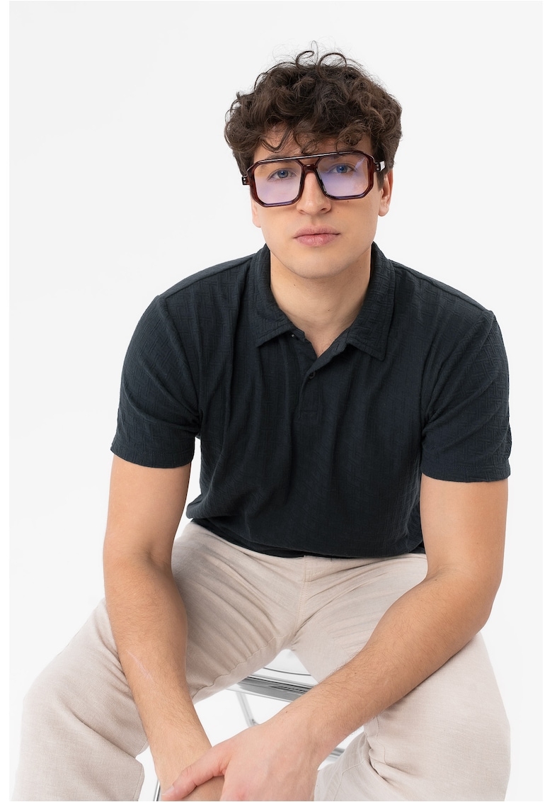 Tricou polo barbati din bumbac cu model geometric - Regular Fit - O-Larix - albastru marin - Albastru marin