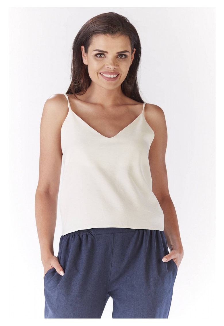 Top Casual De Dama Cu Bretele - Imprimeu Decorativ - Material Prdwqfwqemium Croiala Confortabila Vara Cu Un Decolteu Elegant In Forma De V - Tinuta Versatila Usor De Asortat - Haine De Lux - Alb
