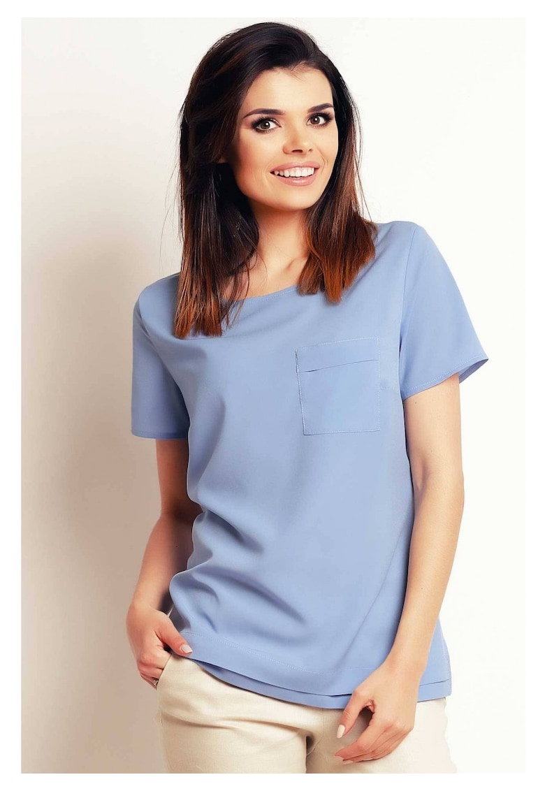 Bluza Casual Lejera De Dama - Albastru - Design Minimalist Modern Prevazut Cu Buzunar Aplicat - Material Premium Calitativ Cu Elastan - Maneci Scurte - Croiala Confortabila Ideala Pentru O Tinuta De Zi Versatila Si Chic - Lux - Albastru