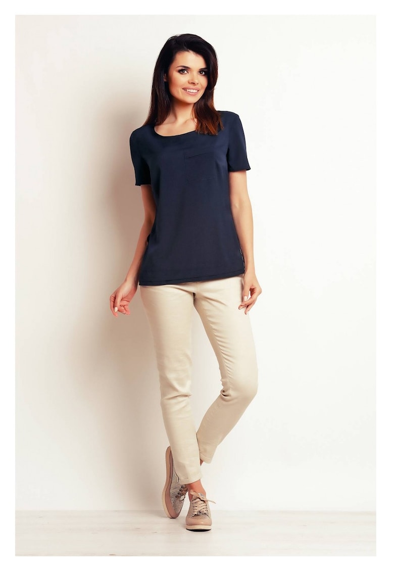 Bluza Casual Lejera De Dama - Design Minimalist Modern Prevazut Cu Buzunar Aplicat - Material Premium Calitativ Cu Elastan - Maneci Scurte - Croiala Confortabila Ideala Pentru O Tinuta De Zi Versatila Si Chic - Lux - Albastru inchis