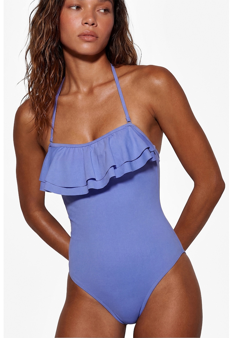 Costum de baie intreg cu model uni si bretele detasabile - Albastru cobalt