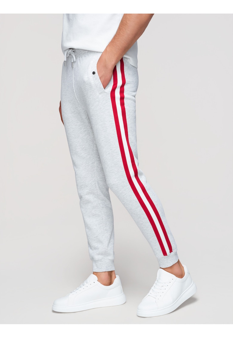 Pantaloni jogger cu elastic si buzunare laterale din material moale - Gri dechis melange