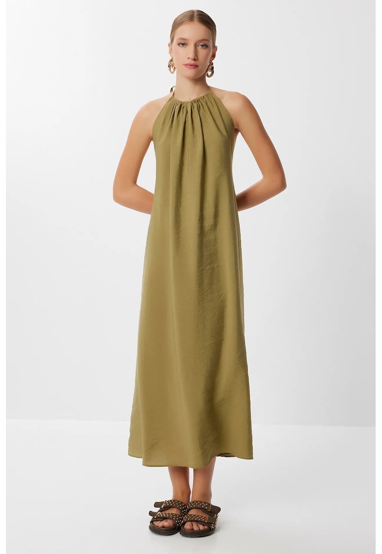 Rochie Midi Happiness Istanbul - Verde Oliv - drapaj - guler Halter - 85% modal