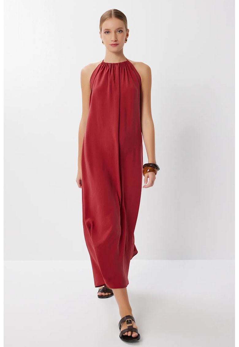 Rochie Midi Happiness Istanbul - Casual - Rosu - 85% modal - 15% poliester - Guler Halter - Drapaj
