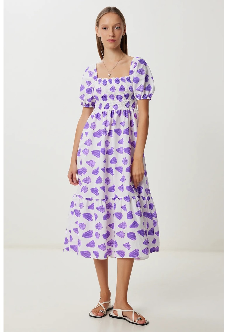 Rochie midi - Happiness Istanbul - evazata - imprimeu abstract - mov - poliester-bumbac -