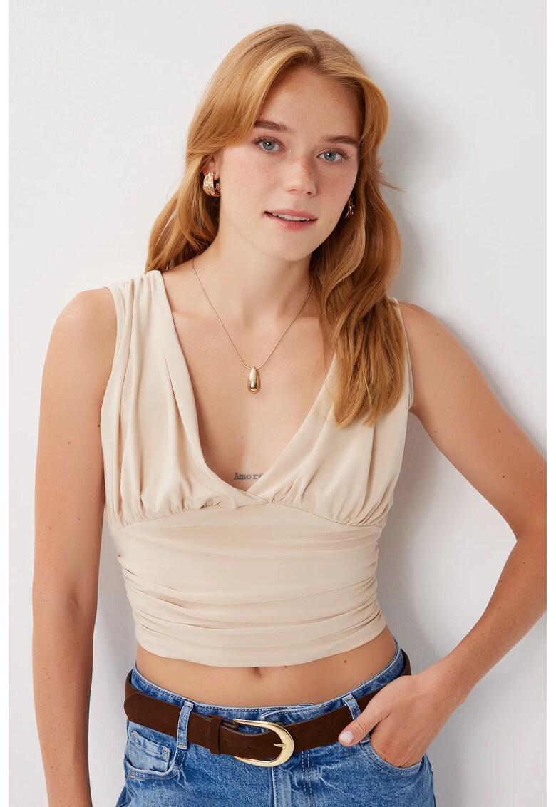 Bluza crop - Happiness Istanbul - fara maneci - decolteu in V - drapaj - maro mocha - poliester