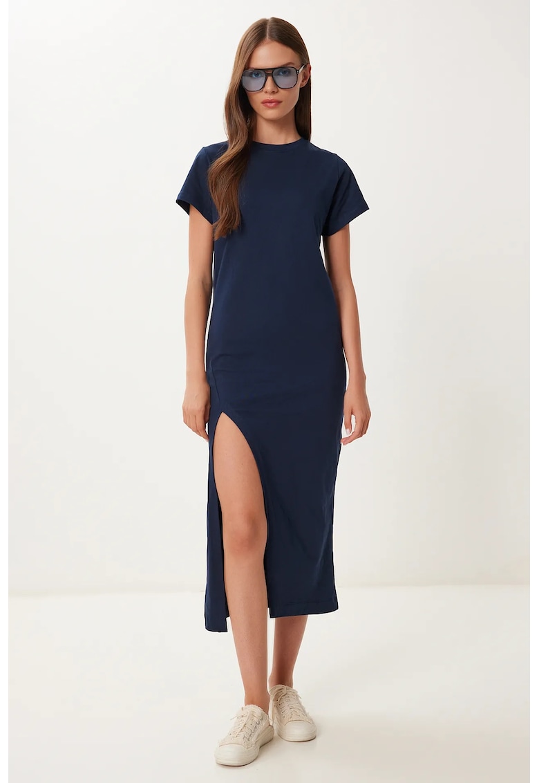Rochie midi Happiness Istanbul - casual - bleumarin - 100% bumbac - cu slit lateral