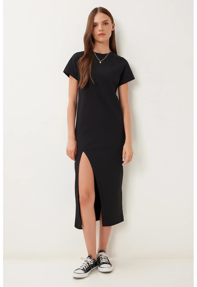 Rochie midi - Happiness Istanbul - casual - negru - 100% bumbac - slit lateral